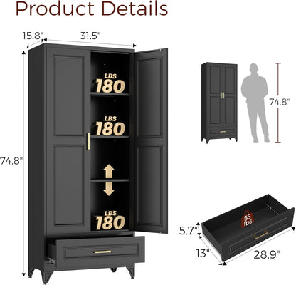 75" Kitchen Pantry Cabinet with Drawer, Metal Storage Cabinets with Doors and Adjustable Shelves
