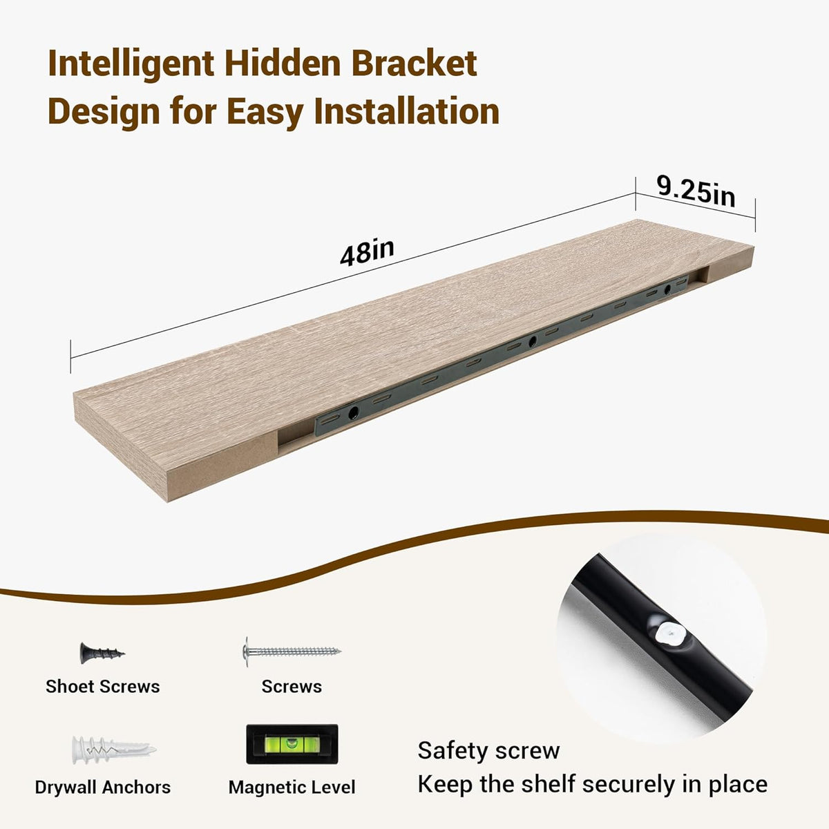 48 Inch Floating Shelves, 3D Textured Wood Grain, 48"x9.25"x1.5" Inch Deep Floating Shelves for
