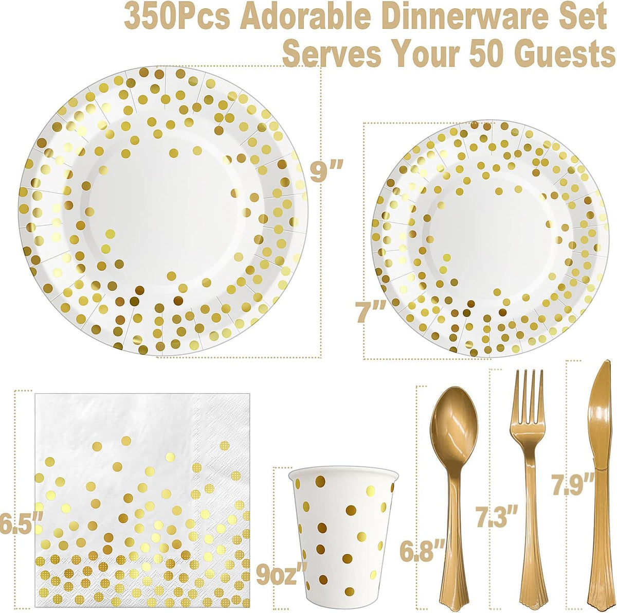 AIRE 350PCS White Gold Paper Plates Party Supplies for 50 Guests Party Decorations Disposable