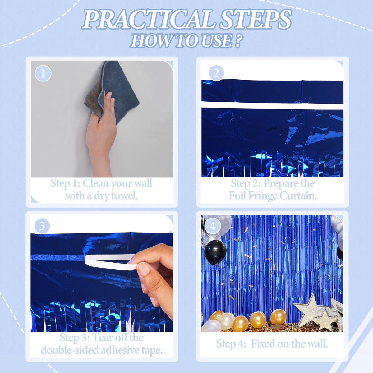 3 Pack Foil Fringe Backdrop - Royal Blue Shiny Tinsel Curtains for Party Decoration/Photo Booth