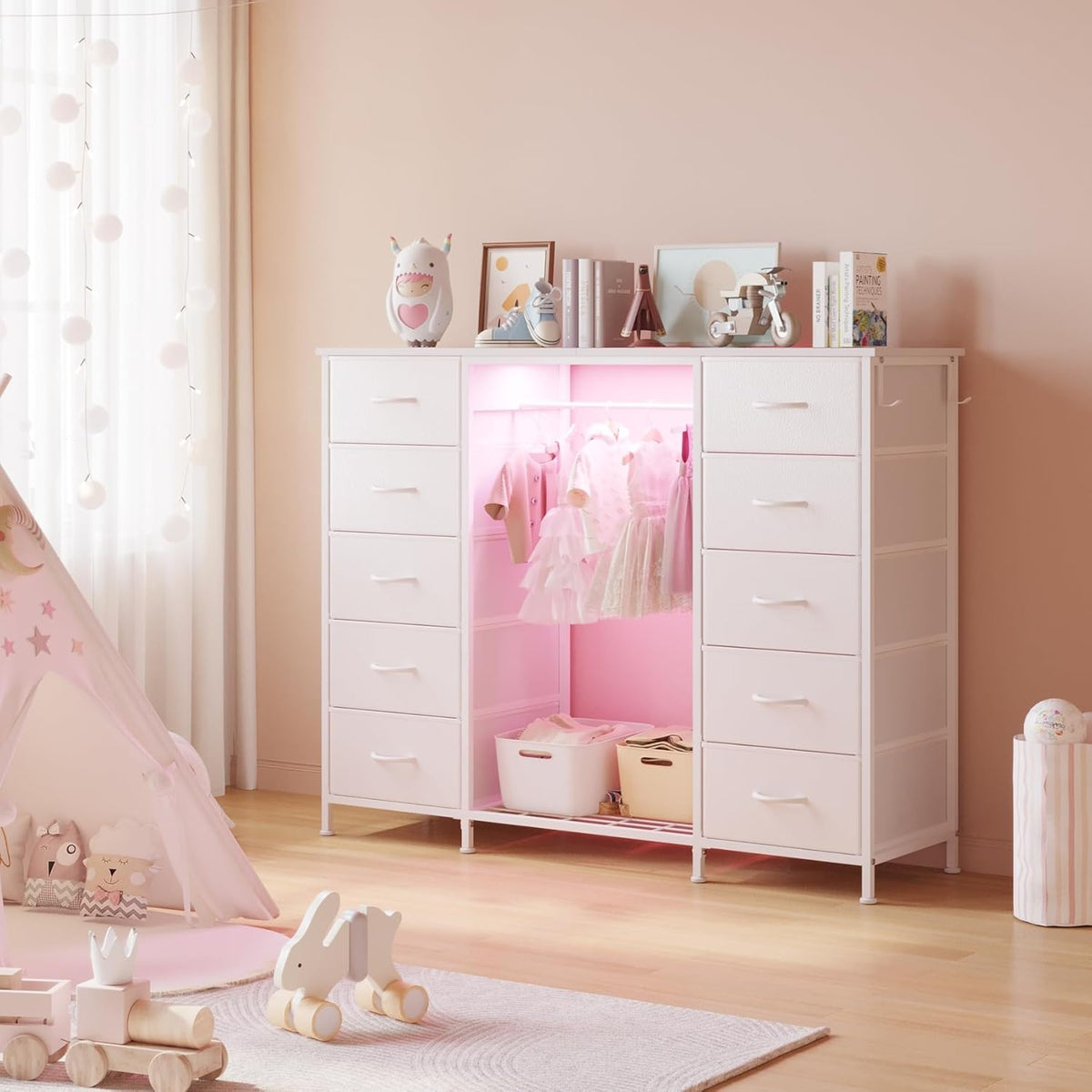 LUMTOK 55" W 2-in-1 Dresser with Hanging Rack, 10 Drawers Dresser for Bedroom, White Drawer