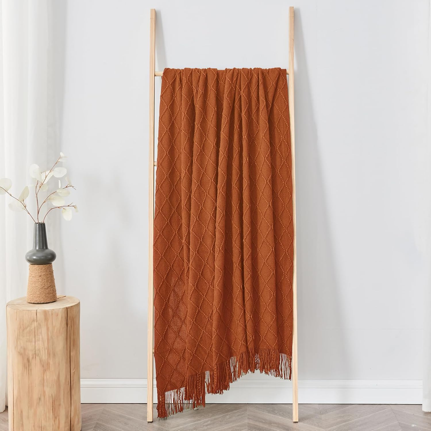 inhand Knitted Throw Blankets for Couch and Bed, Soft Cozy Knit Blanket with Tassel, Orange Rust