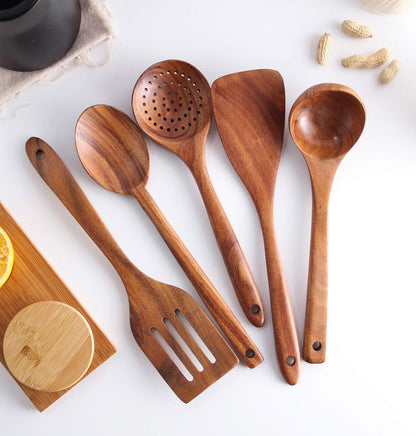 Wooden Spoons for Cooking, Cooking Utensils Set of 6 Natural Teak Wooden Cooking Spatulas with