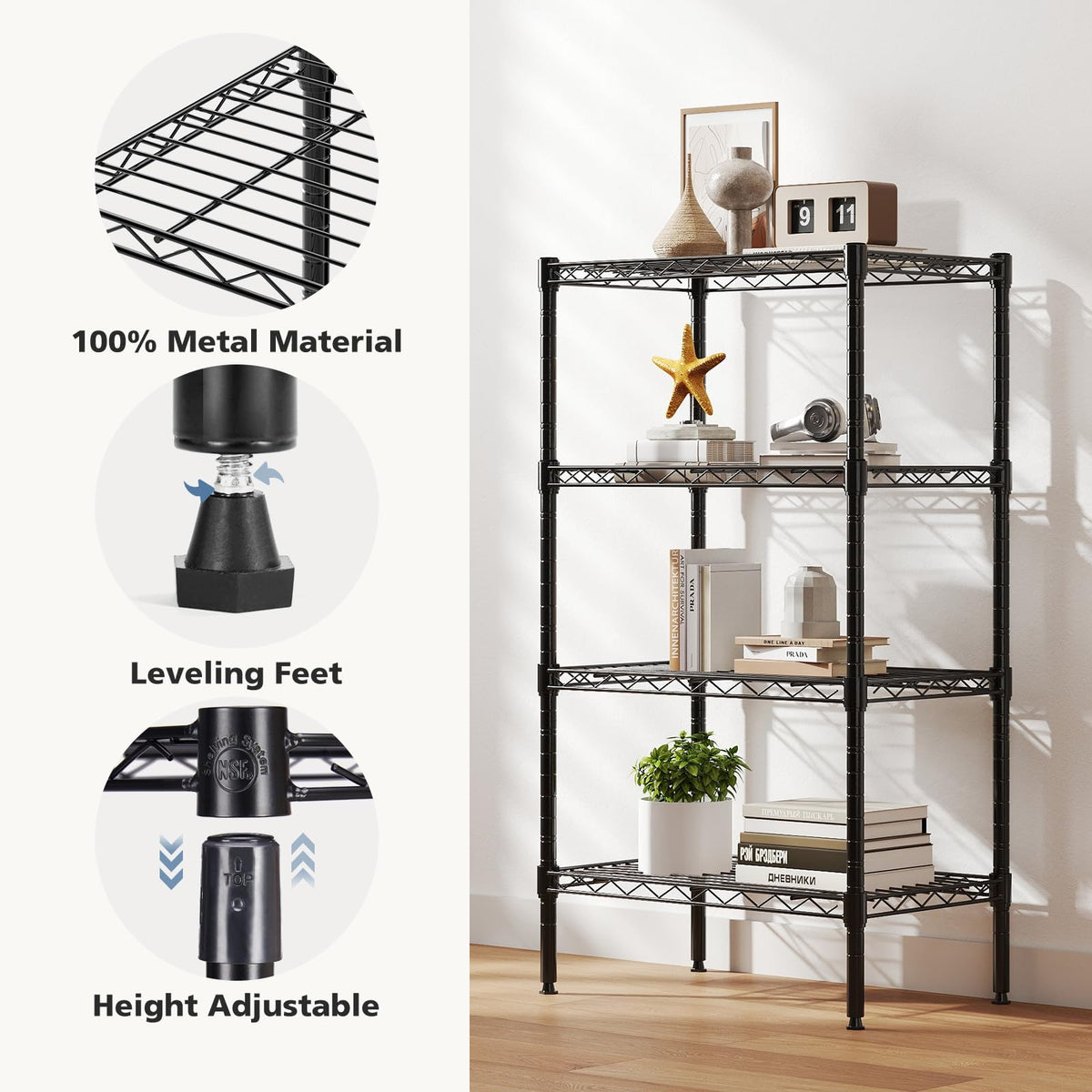 DUMOS 4-Tier Metal Storage Shelves, Wire Shelving, Storage Rack, 23.3" W