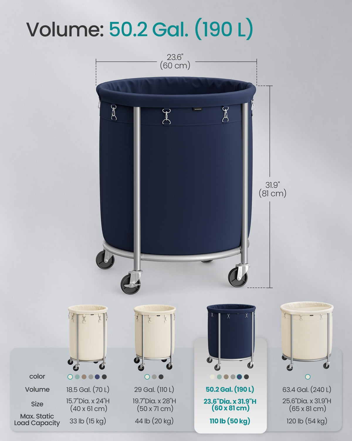 SONGMICS Laundry Basket, Rolling Steel Frame with 2 Locking Wheels, 190 L