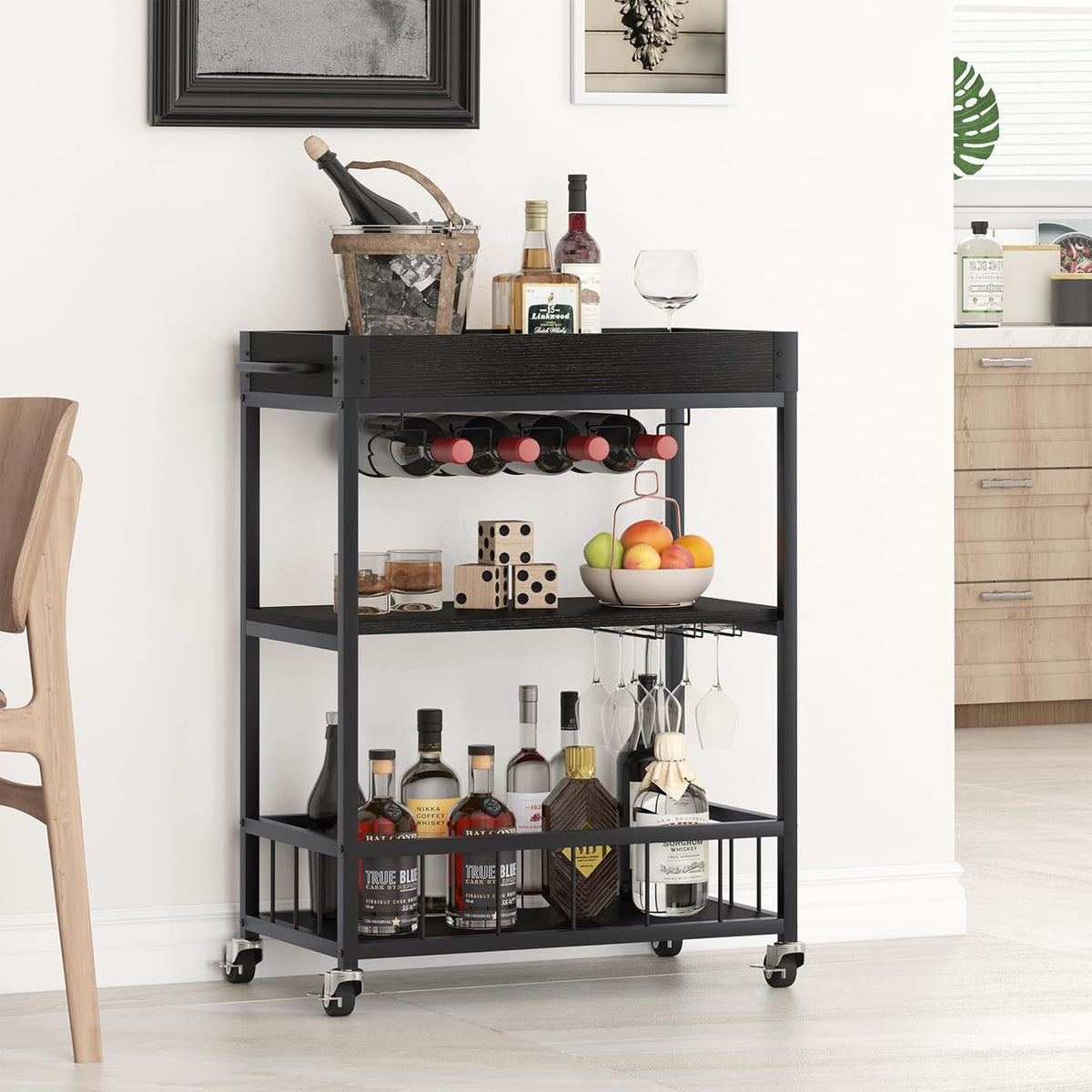 Bar Cart Serving Wine 3 Tier Home Rolling Rack with Wheels Mobile Kitchen Industrial Vintage Style