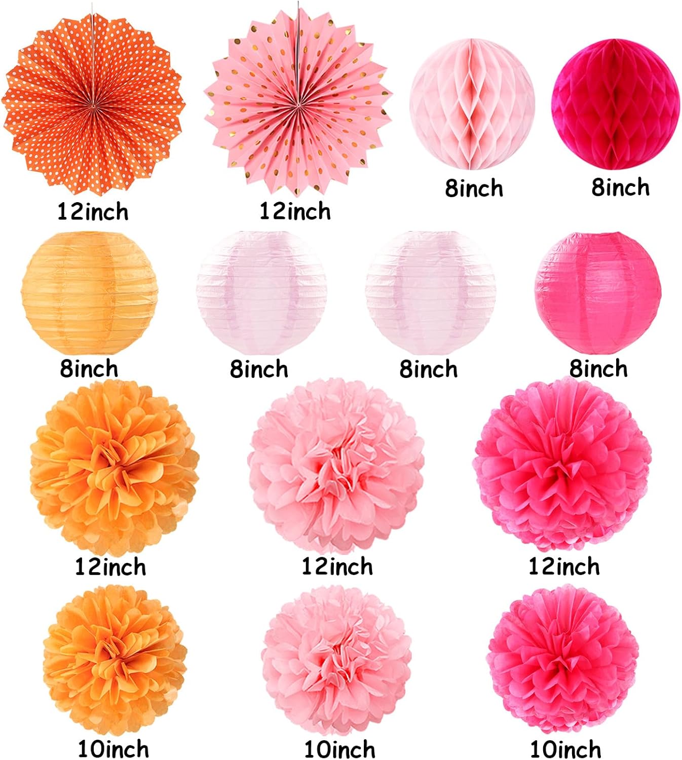 Hot-Pink Burnt-Orange Party-Decorations Streamers Lanterns - 14pcs Fall Birthday Baby Shower Paper