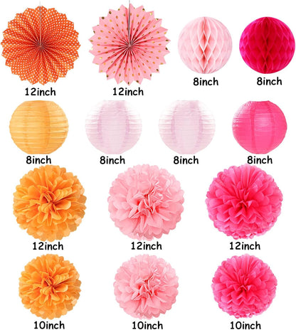Hot-Pink Burnt-Orange Party-Decorations Streamers Lanterns - 14pcs Fall Birthday Baby Shower Paper