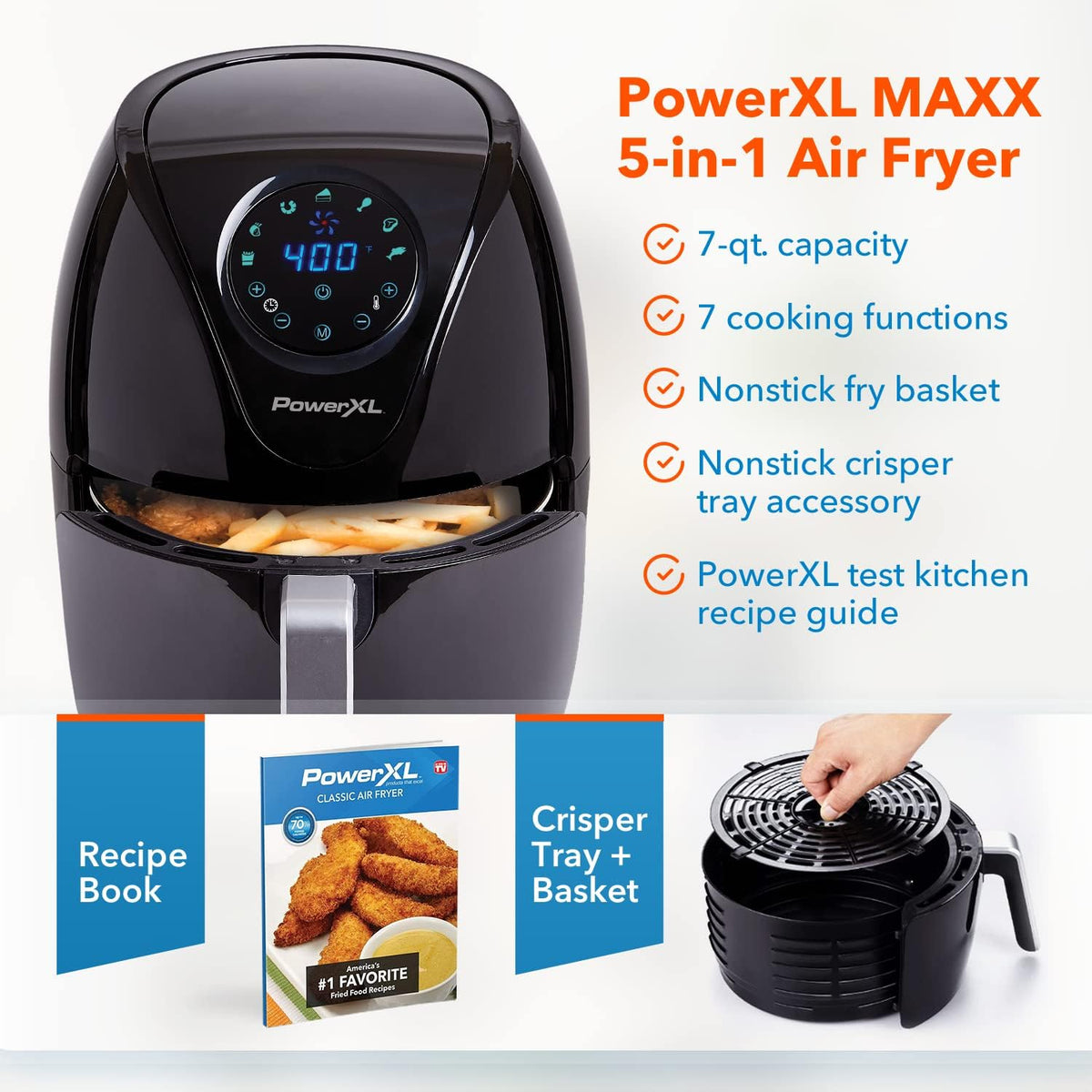PowerXL Air Fryer 7 QT Maxx Classic, Extra Hot Air Fry, Cook, Crisp, Broil, Roast, Bake, High Gloss