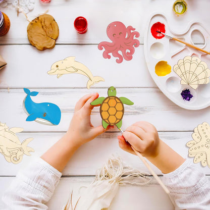 80PCS Wooden Sea Ornaments to Paint, 10 Styles DIY Blank Unfinished Wood Ocean Whale Seahorse