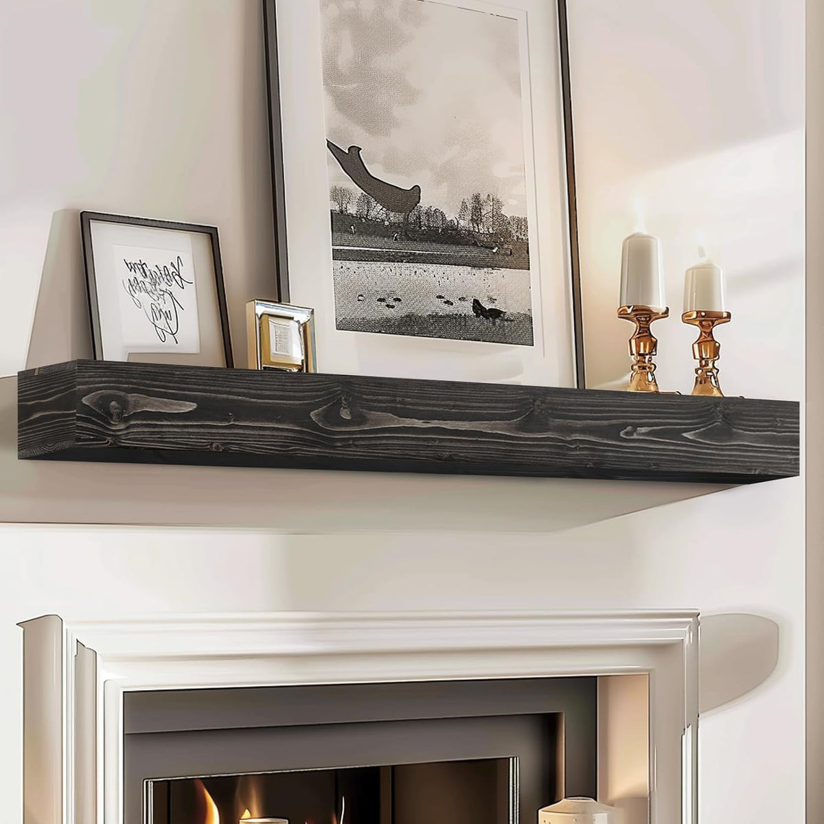 56x8x5 Fireplace Mantel - Handcrafted Hollow Rustic Solid Wood Wall Mounted Floating Shelf with