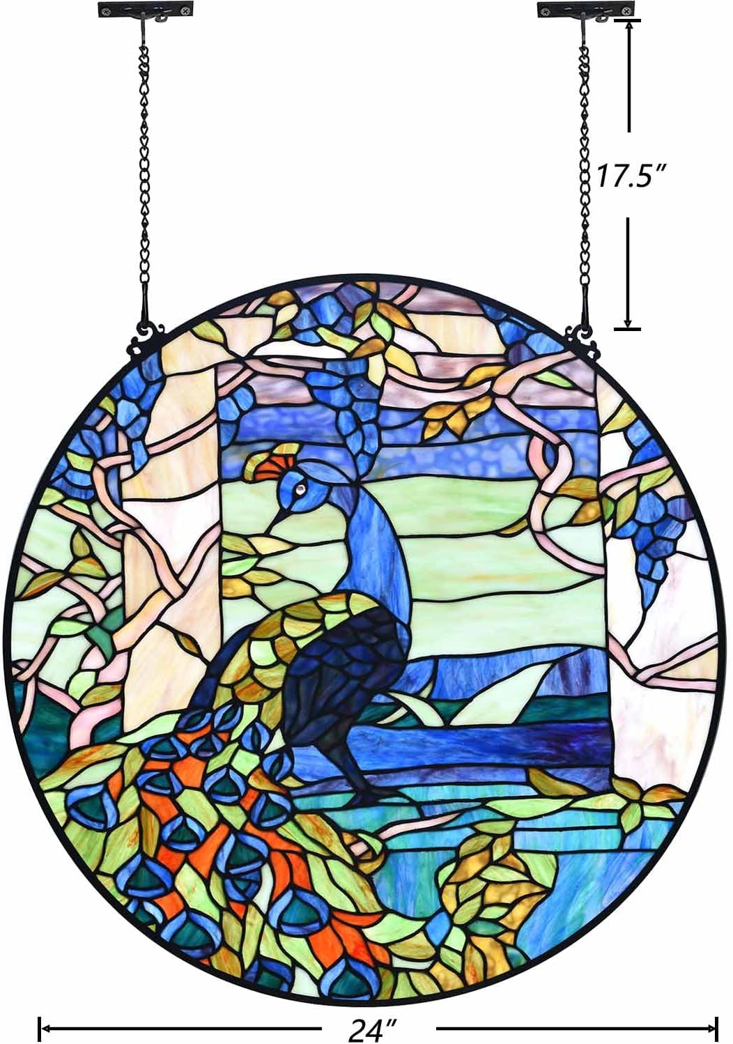 Bieye W10094 Peacock in Garden Tiffany Style Stained Glass Window Panel for Home Decor (Blue, 24"