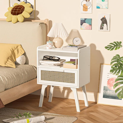 Lerliuo Rattan Nightstand, Bedside Table with Drawer Open Shelf, Cane Accent Side End Table with