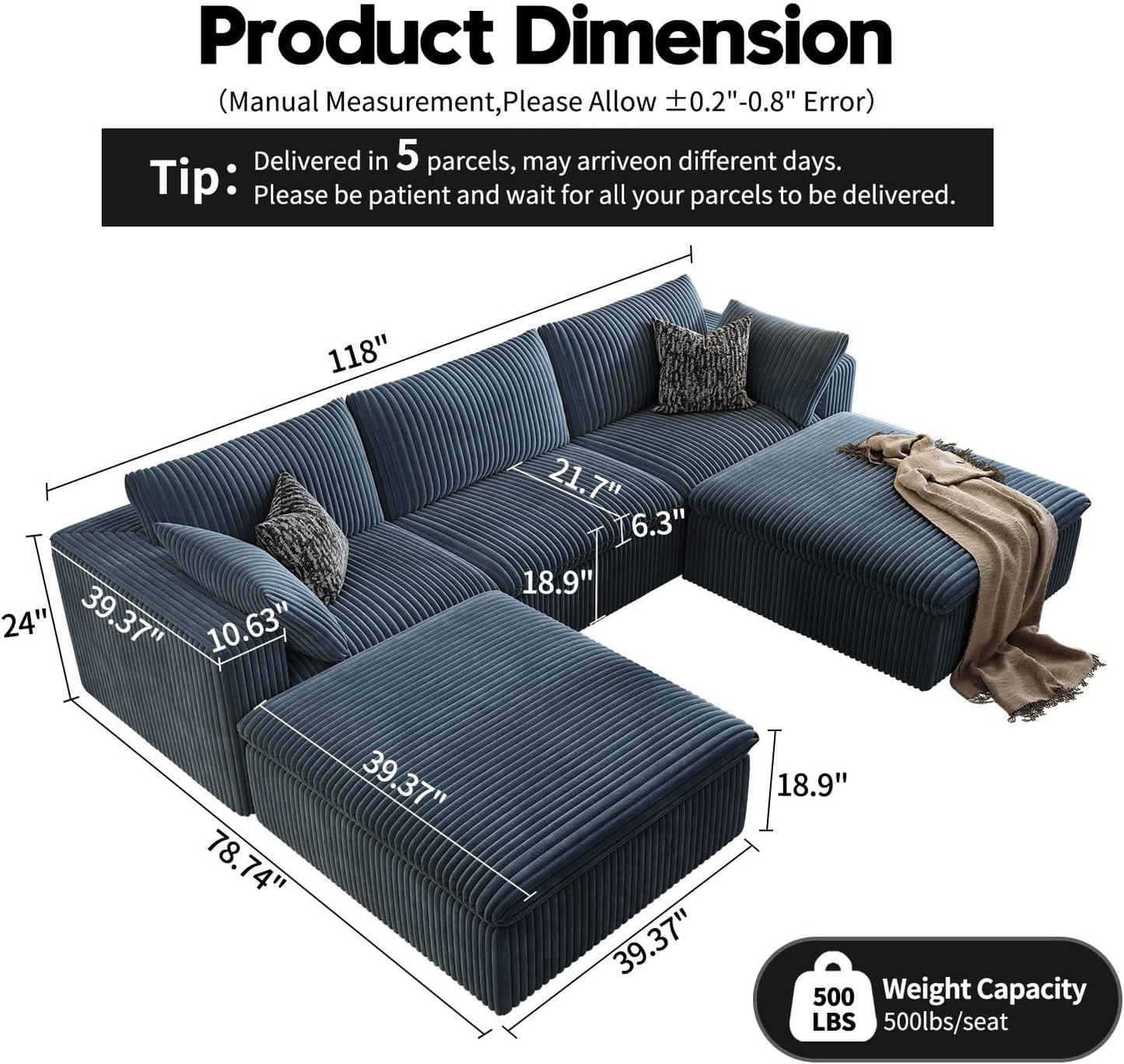 118" Cloud Couch Modular Sectional Sofa for Living Room,Modern Sofa with Deep Seat，U-Shape Boneless