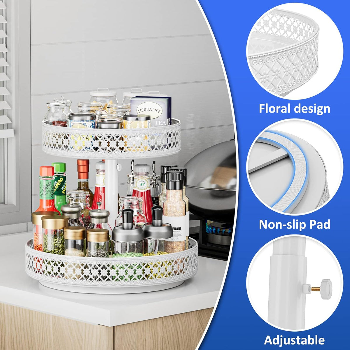 Lazy Susan Organizer 2 Tier - Turntable Spice Rack 12 inch Adjustable Metal Rotating Lazy Susan for