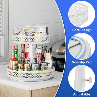 Lazy Susan Organizer 2 Tier - Turntable Spice Rack 12 inch Adjustable Metal Rotating Lazy Susan for