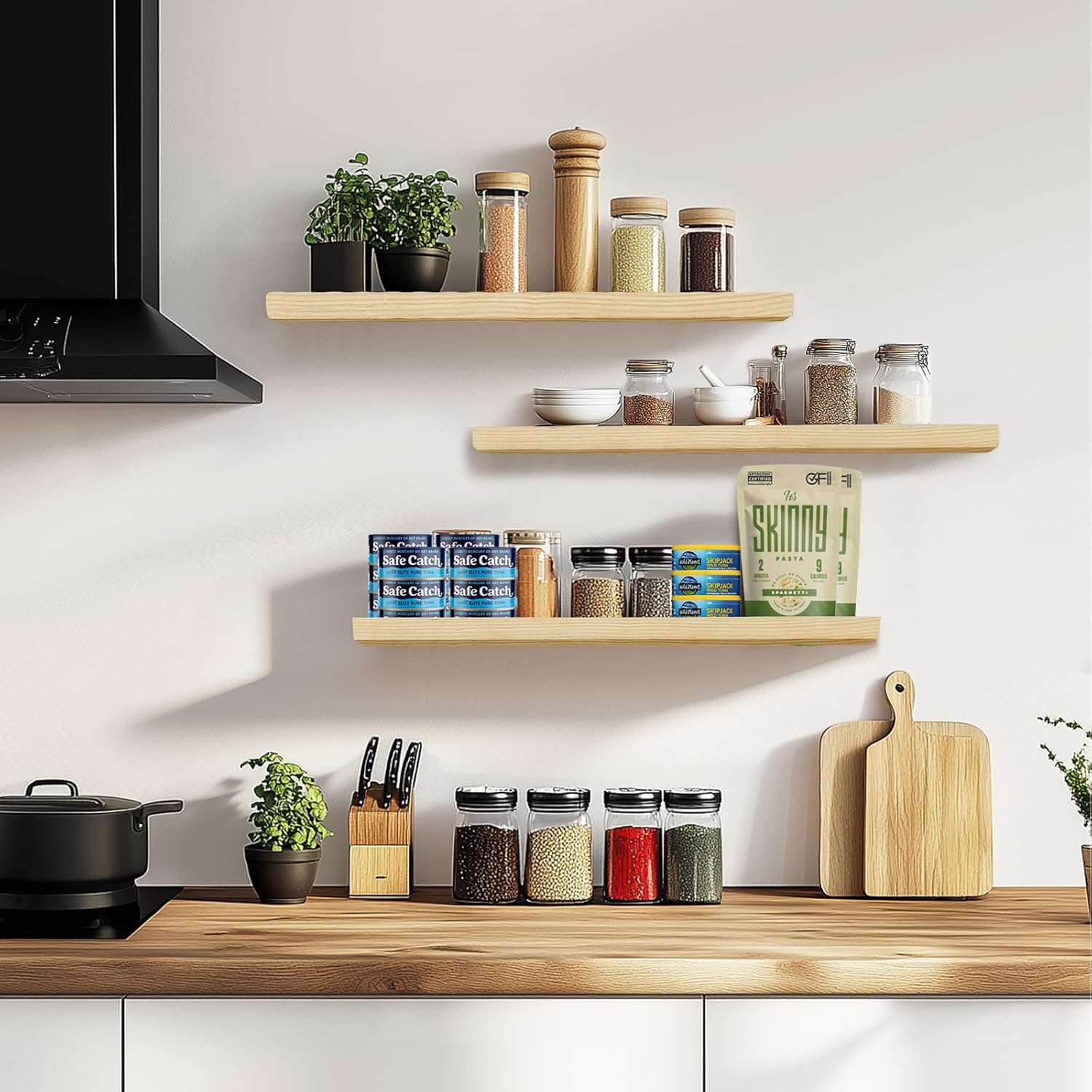 Floating Wall Shelves 3-Pack - 24-Inch Rustic Wooden Shelves for Storage and Décor, Easy