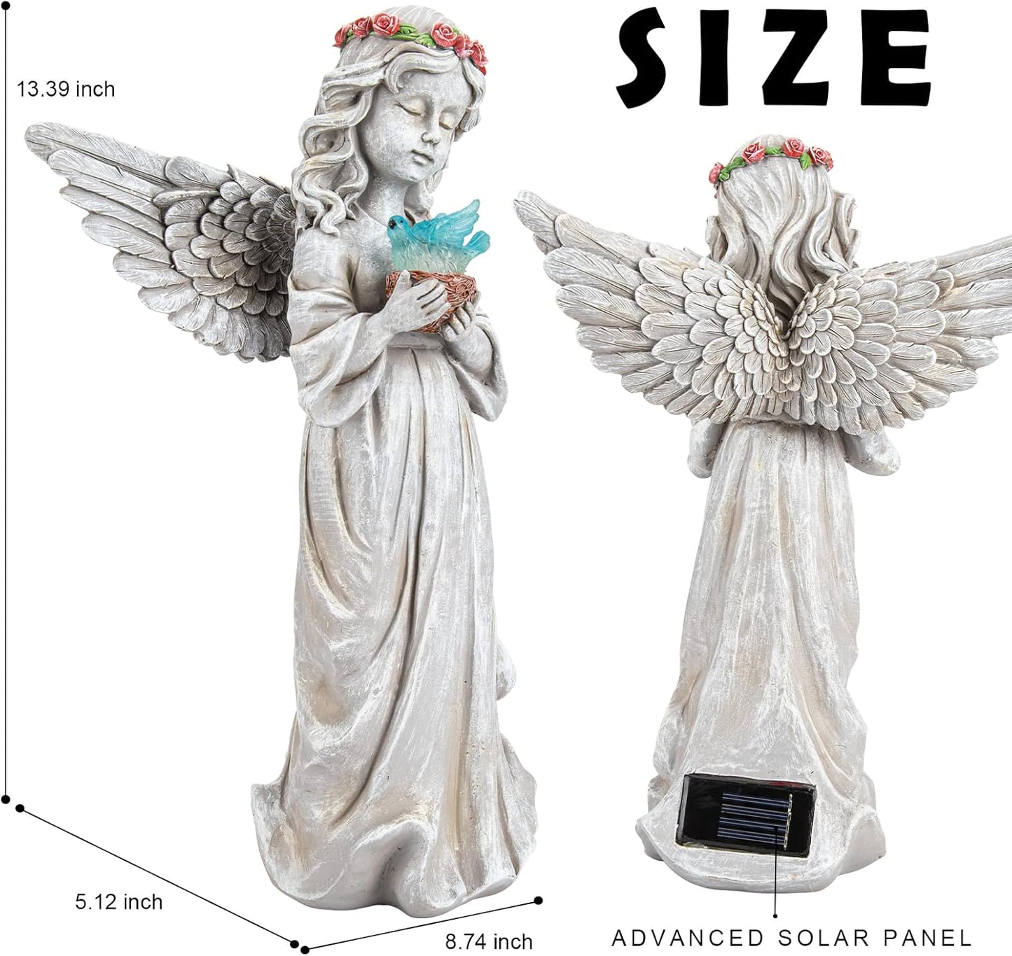 Angel Garden Statue Outdoor Decor, Angel Garden Figurine Hold Dove with Solar Lights Waterproof