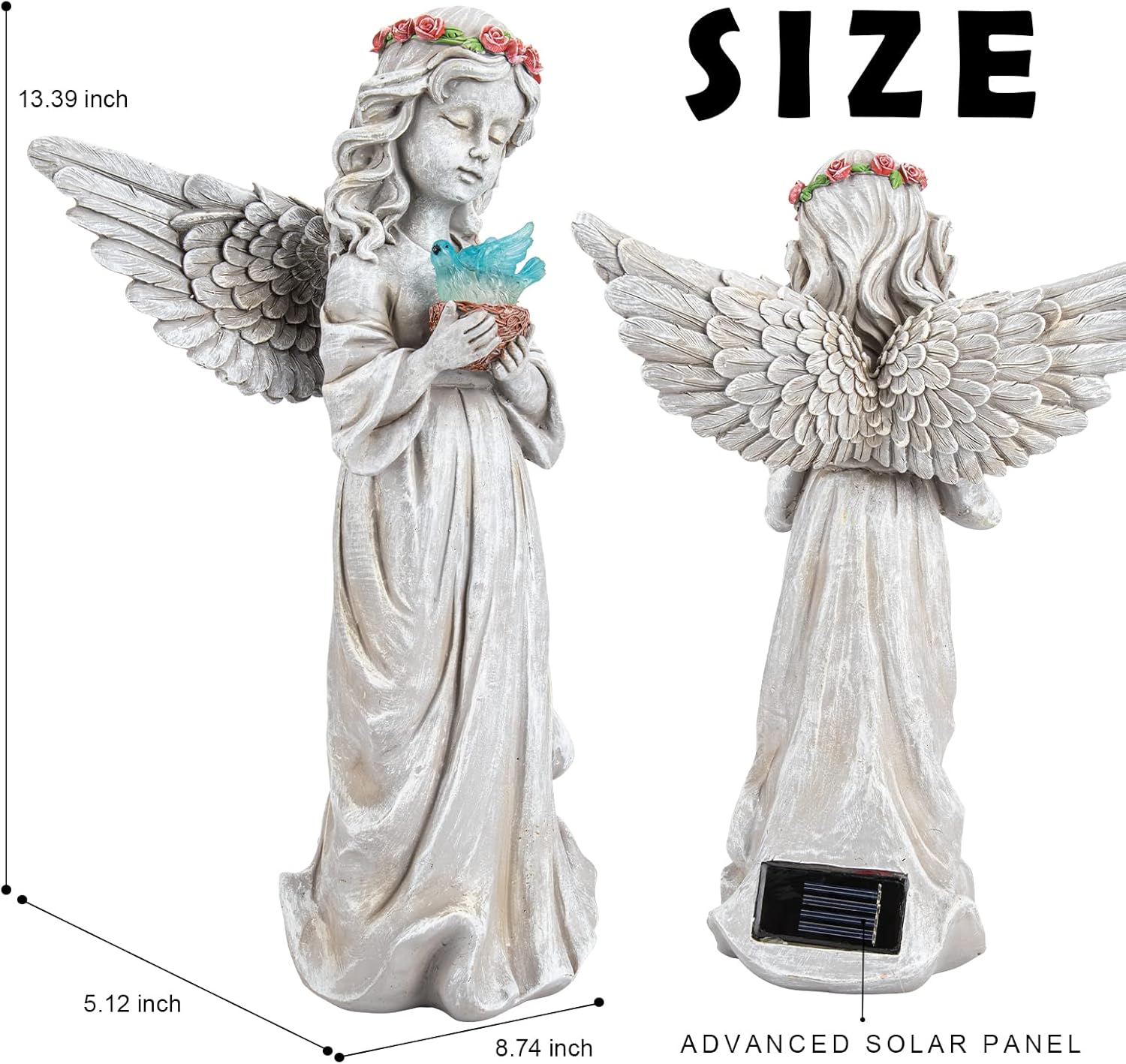 Angel Garden Statue Outdoor Decor, Angel Garden Figurine Hold Dove with Solar Lights Waterproof