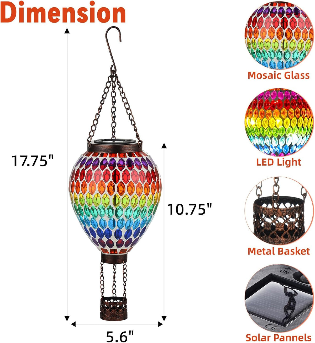 VOREEN Hot Air Balloon Solar Lantern, Mosaic Solar Outdoor Hanging Wind Light, Waterproof, Patio