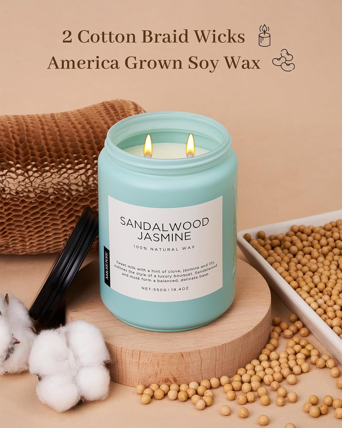 M&SENSE Sandalwood Jasmine Scented Candles, Large Soy Natural Long Lasting 19.4oz 110 Hour Burning
