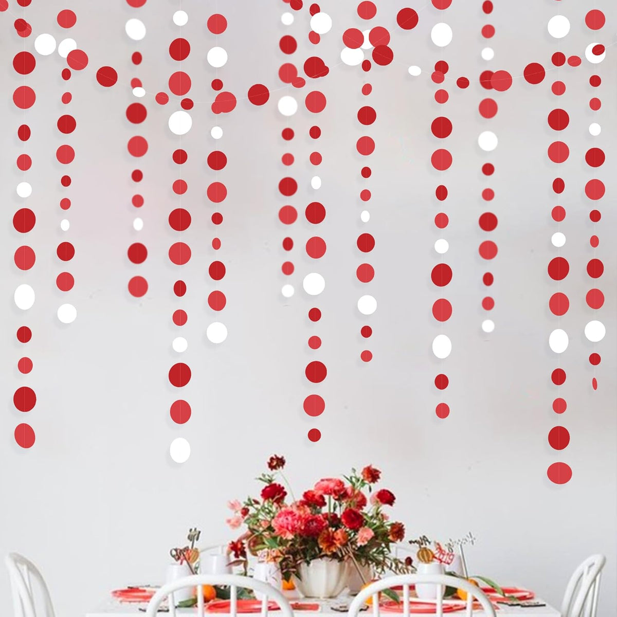 46 Ft Red Party Decorations Polka Dots Garlands Red and White Hanging Paper Circle Dots Streamer