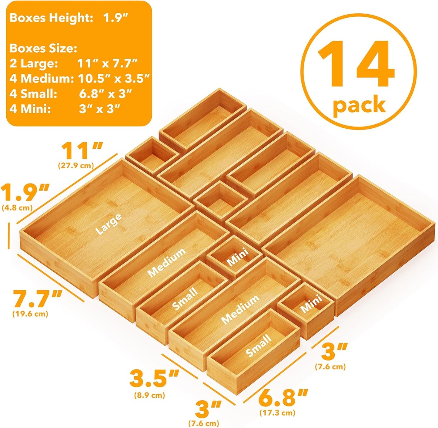 SpaceAid 14-Piece Bamboo Drawer Organizer Storage Boxes Set, Wood Tray Junk Drawer Organizers