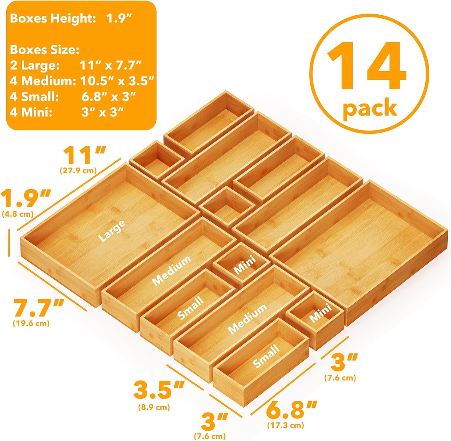 SpaceAid 14-Piece Bamboo Drawer Organizer Storage Boxes Set, Wood Tray Junk Drawer Organizers