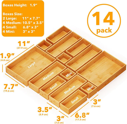 SpaceAid 14-Piece Bamboo Drawer Organizer Storage Boxes Set, Wood Tray Junk Drawer Organizers