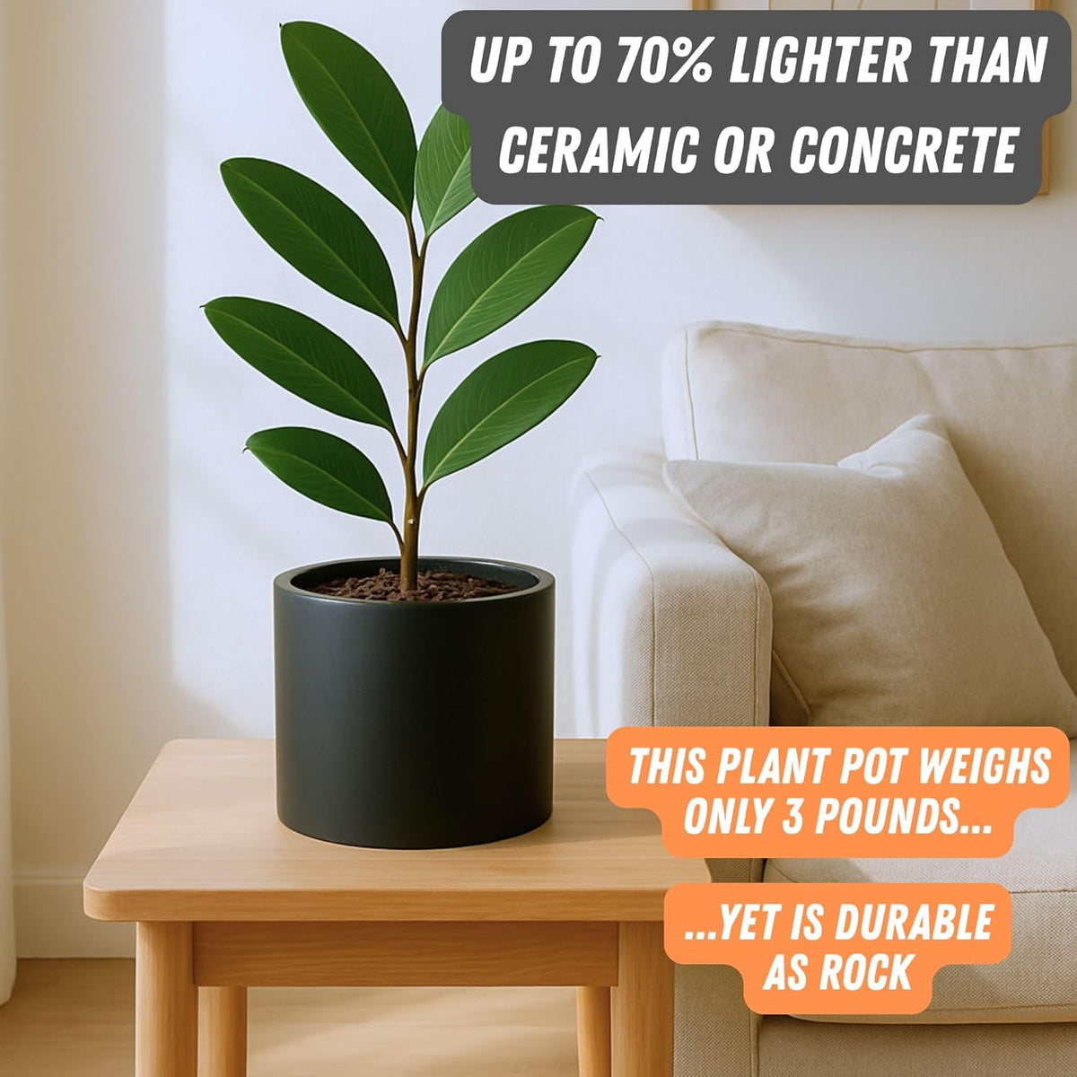 Fox & Fern 8 Inch Black Plant Pot with Drainage Plug — Premium Lightweight Fiberstone Matte Black