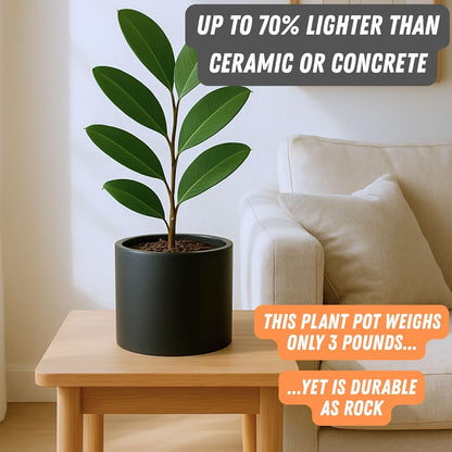 Fox & Fern 8 Inch Black Plant Pot with Drainage Plug — Premium Lightweight Fiberstone Matte Black