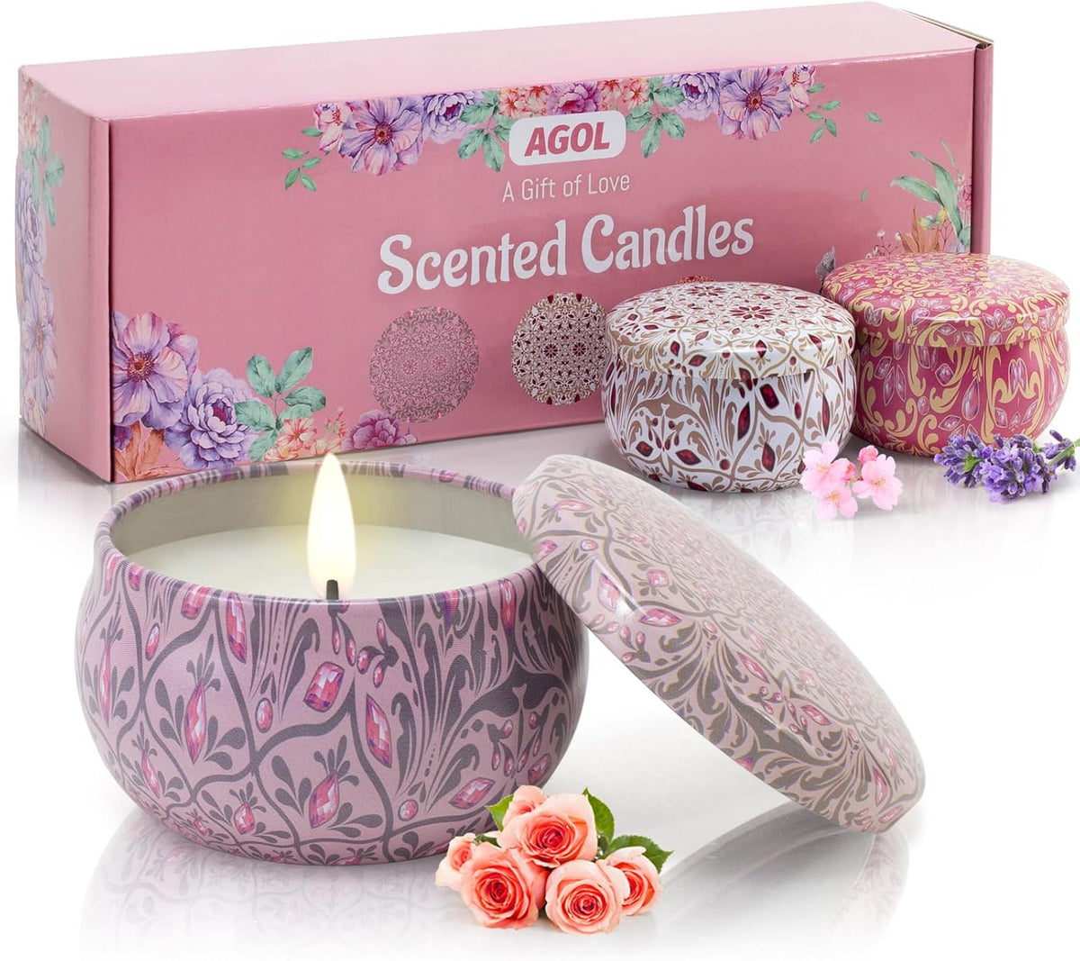 Candles Gifts for Women 3 Pack 2.5 oz Natural Floral Lavender Cherry and Rose Candles Set