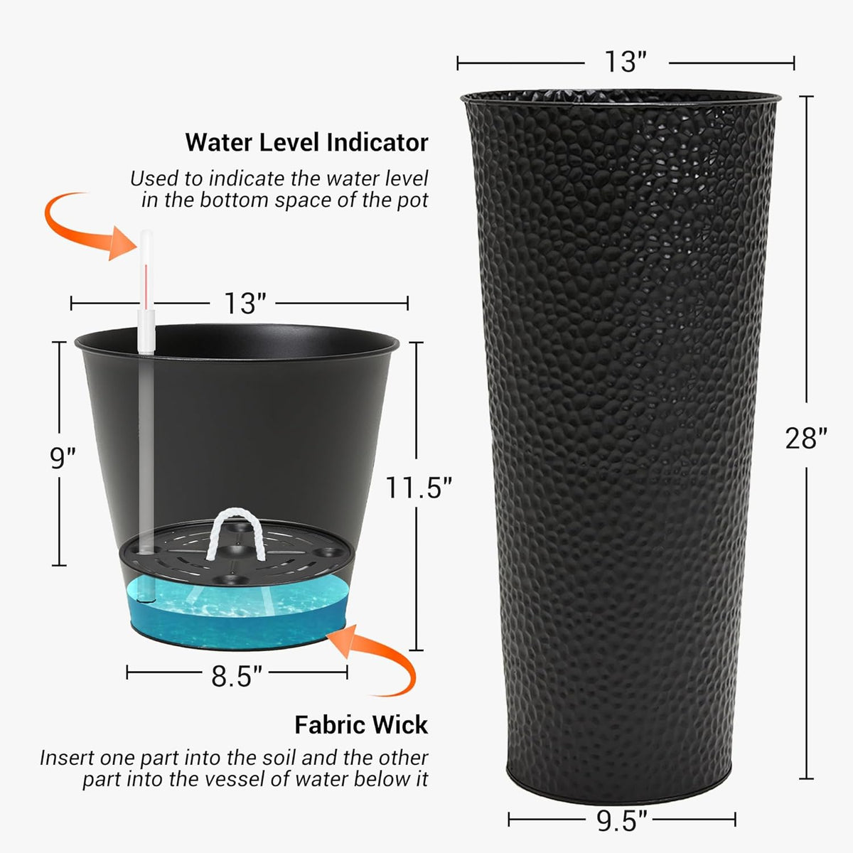 Worth Garden 2-Pack 28" H. Metal Planter with 2X Inside Pots - Hand-Hammered Texture Tall Narrow