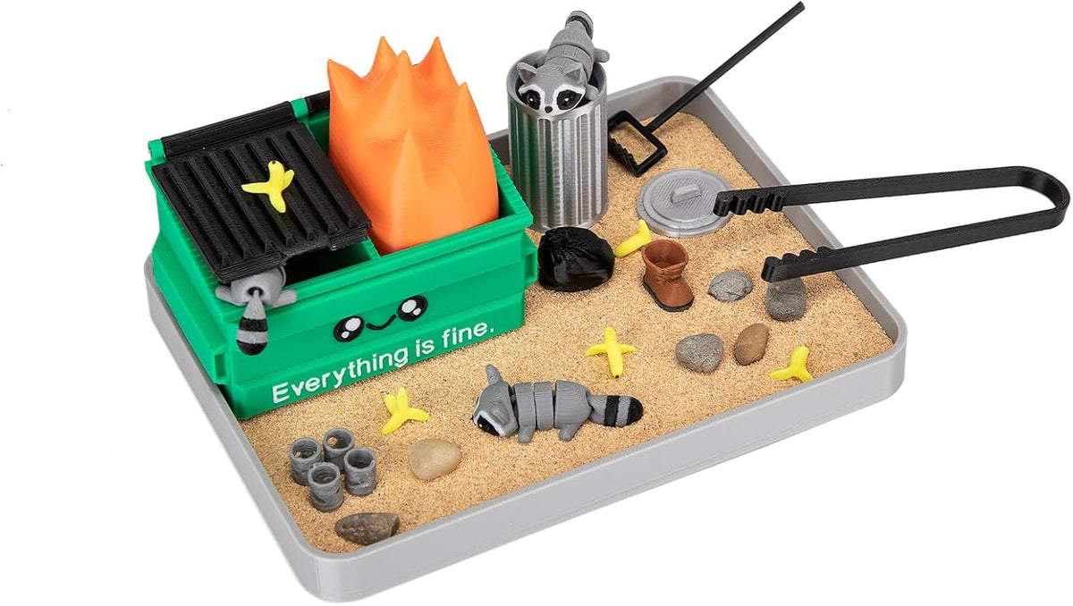 Stylor Dumpster Fire Zen Garden Desk Decor - Miniature Sandbox with Raccoon & Flames, Humorous