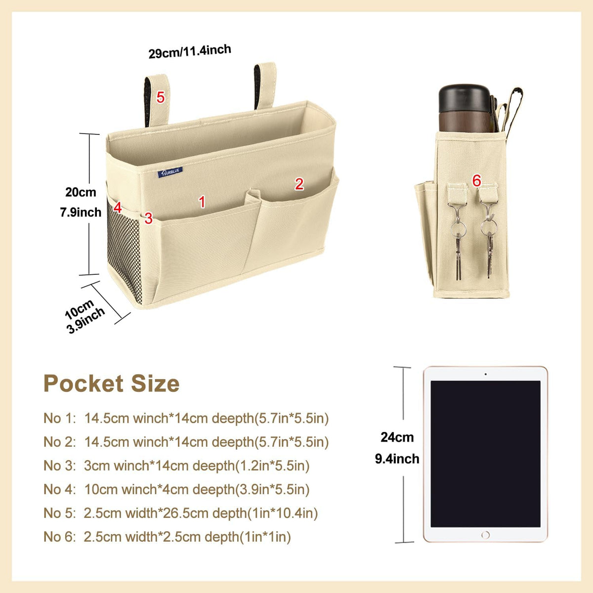 Surblue Bedside Caddy Hanging Organizer Storage Bag Pocket for Bunk, Hospital, College Dorm Rooms