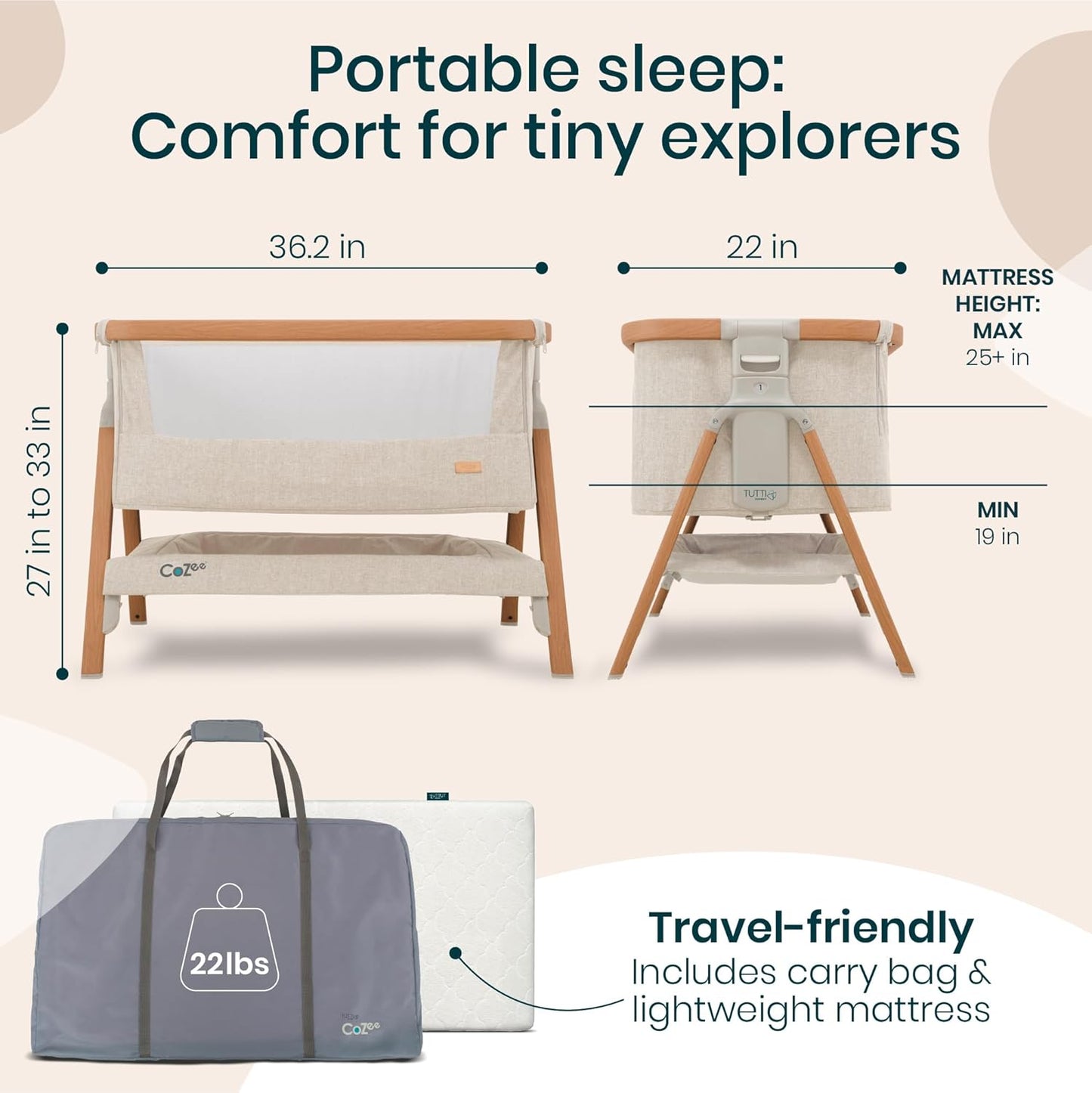 CoZee® 2-in-1 Baby Bassinet & Bedside Sleeper - Fast-Folding Bedside Bassinet, Baby Crib with 6