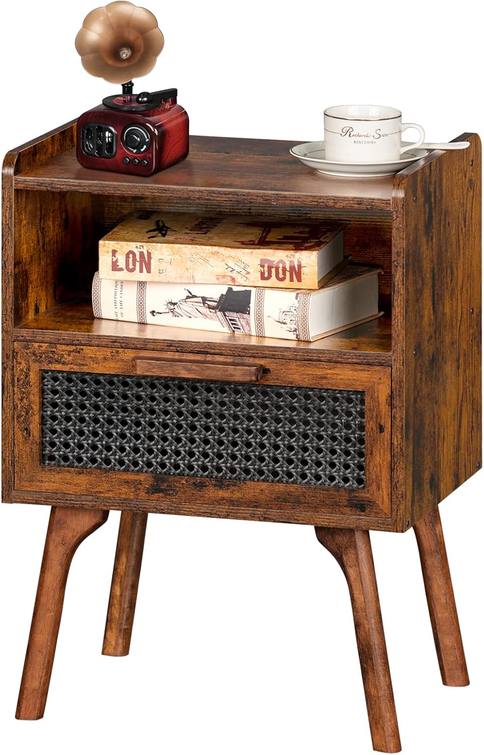 Lerliuo Rattan Nightstand, Boho Side Table with Drawer Open Shelf, Cane Accent Bedside End Table