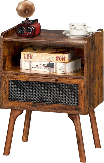 Lerliuo Rattan Nightstand, Boho Side Table with Drawer Open Shelf, Cane Accent Bedside End Table