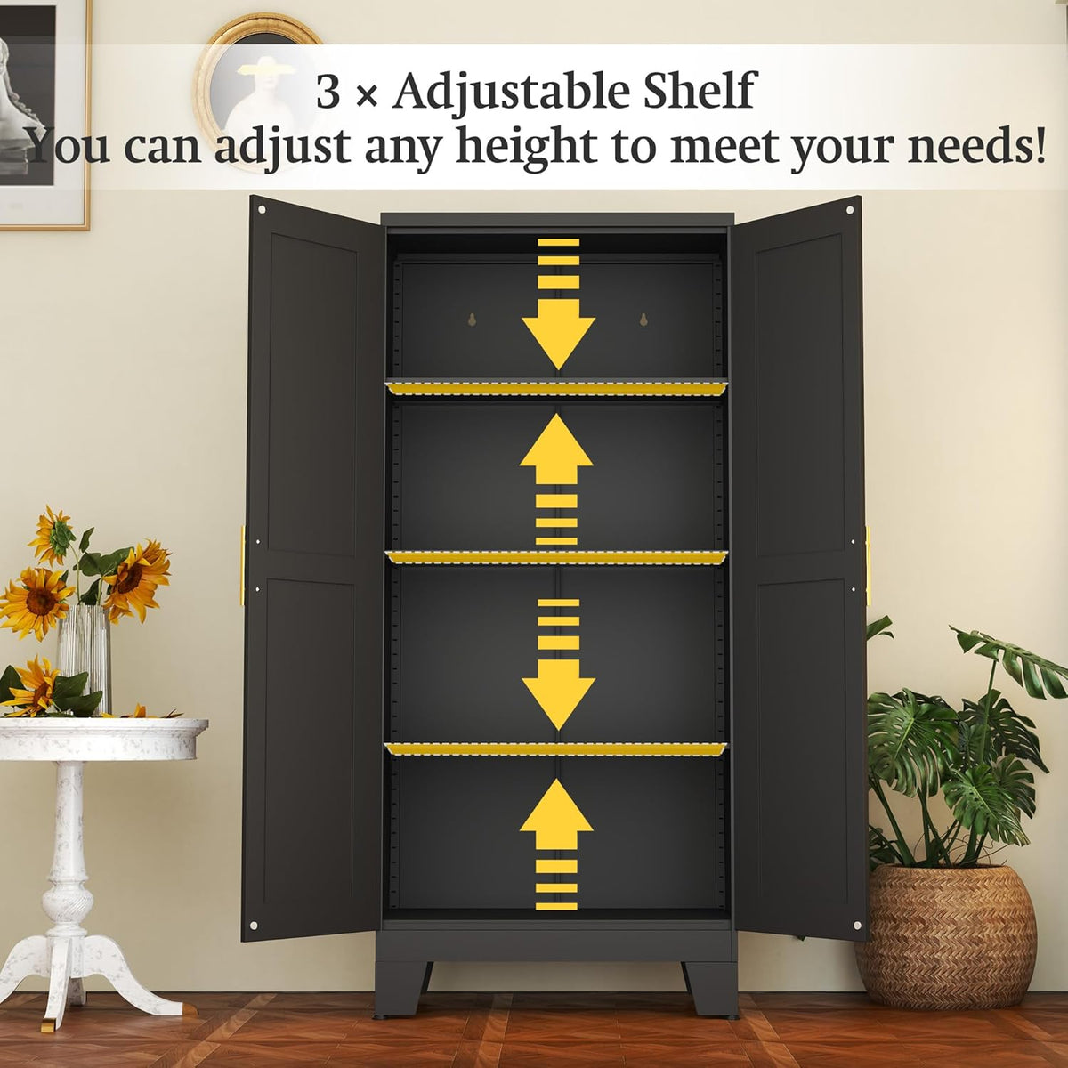 Black Metal Storage Cabinet, 61" Steel Cabinets for Home Office, Kitchen Pantry Storage Cabinet