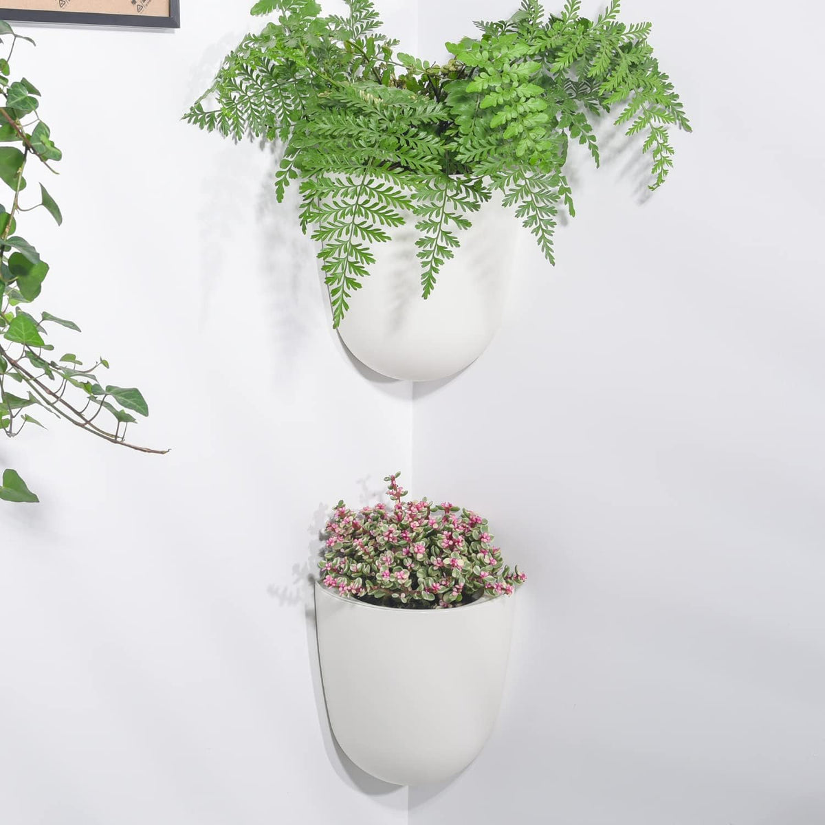 Sungmor Wall Hanging Corner Planters, 4PC White Wall Mounted Flower Pots, Self Watering Wall
