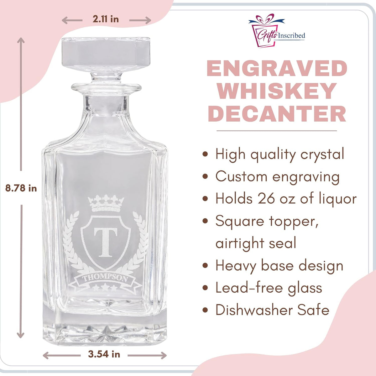 Gifts Inscribed Custom Whiskey Decanter Bottle (750 ml) - Personalized Glass Liquor Decanter Set