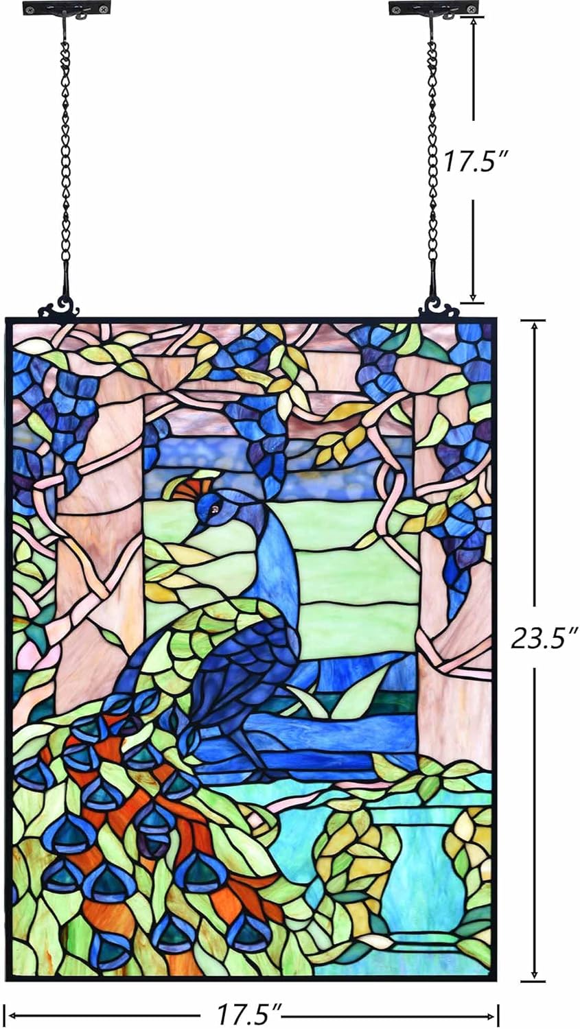 Bieye W10095 Peacock in Garden Tiffany Style Stained Glass Window Panel for Home Decor (Blue