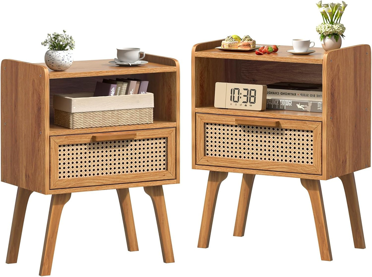 Lerliuo Rattan Nightstands Set of 2, Side Table with Drawer, Cane Accent Bedside End Table with