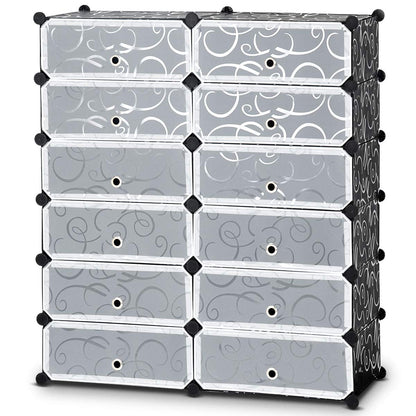 HAPPYGRILL Shoe Rack Organizer, 12-Cube Modular Plastic Shoes Storage Cabinet with 6-Tier Shoe