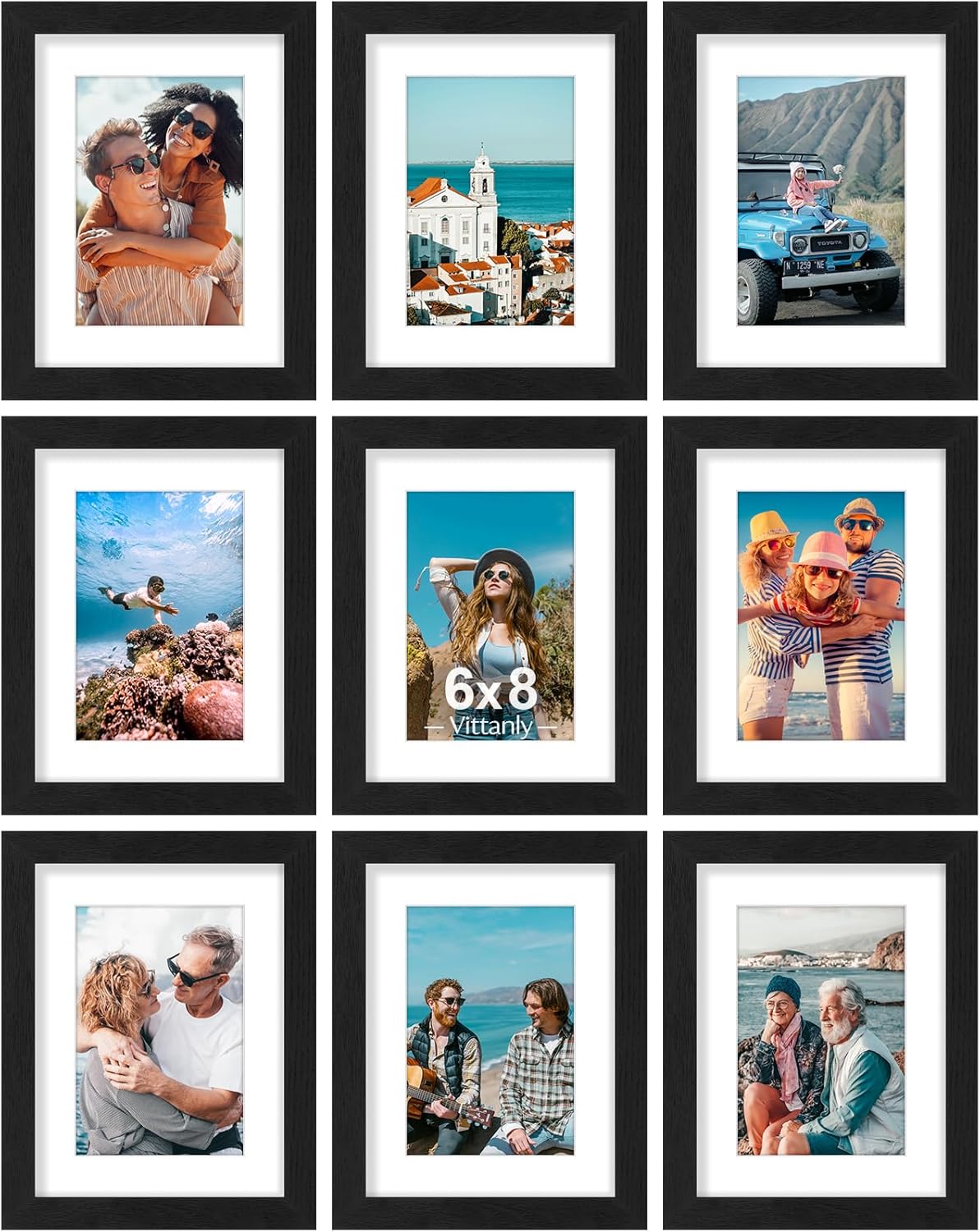 Vittanly 6x8 Picture Frames Set of 9, Shatter Resistant Plexiglass, Display 4x6 Pictures with Mat