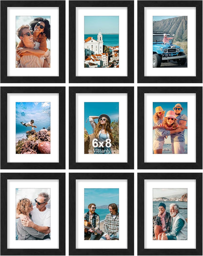 Vittanly 6x8 Picture Frames Set of 9, Shatter Resistant Plexiglass, Display 4x6 Pictures with Mat