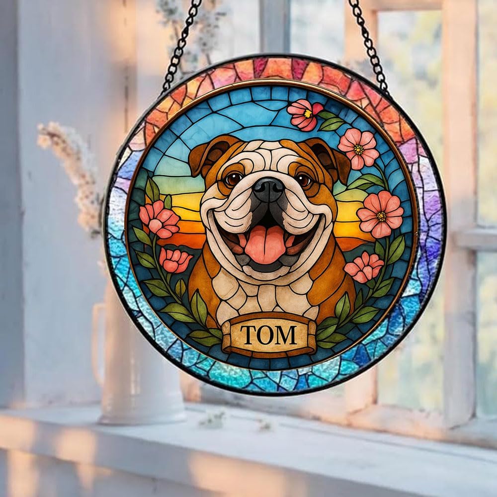 Custom Stained Glass with Pet Portrait & Name, Personalized Window Hanging, Pet Loss Memorial Gift