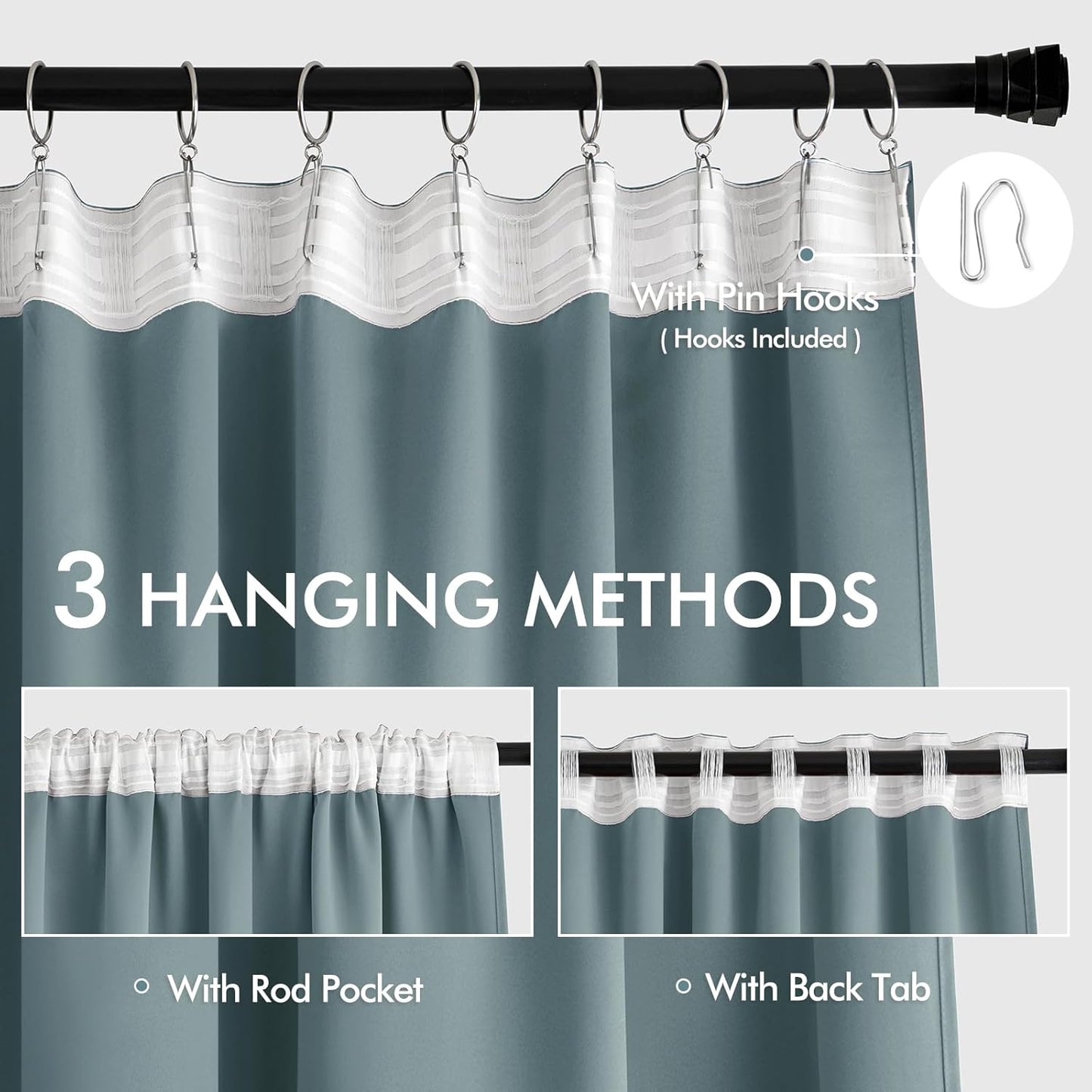 MIULEE Greyish Blue Back Tab Blackout Curtains 108 Inch Long 2 Panels Set for Bedroom, Rod