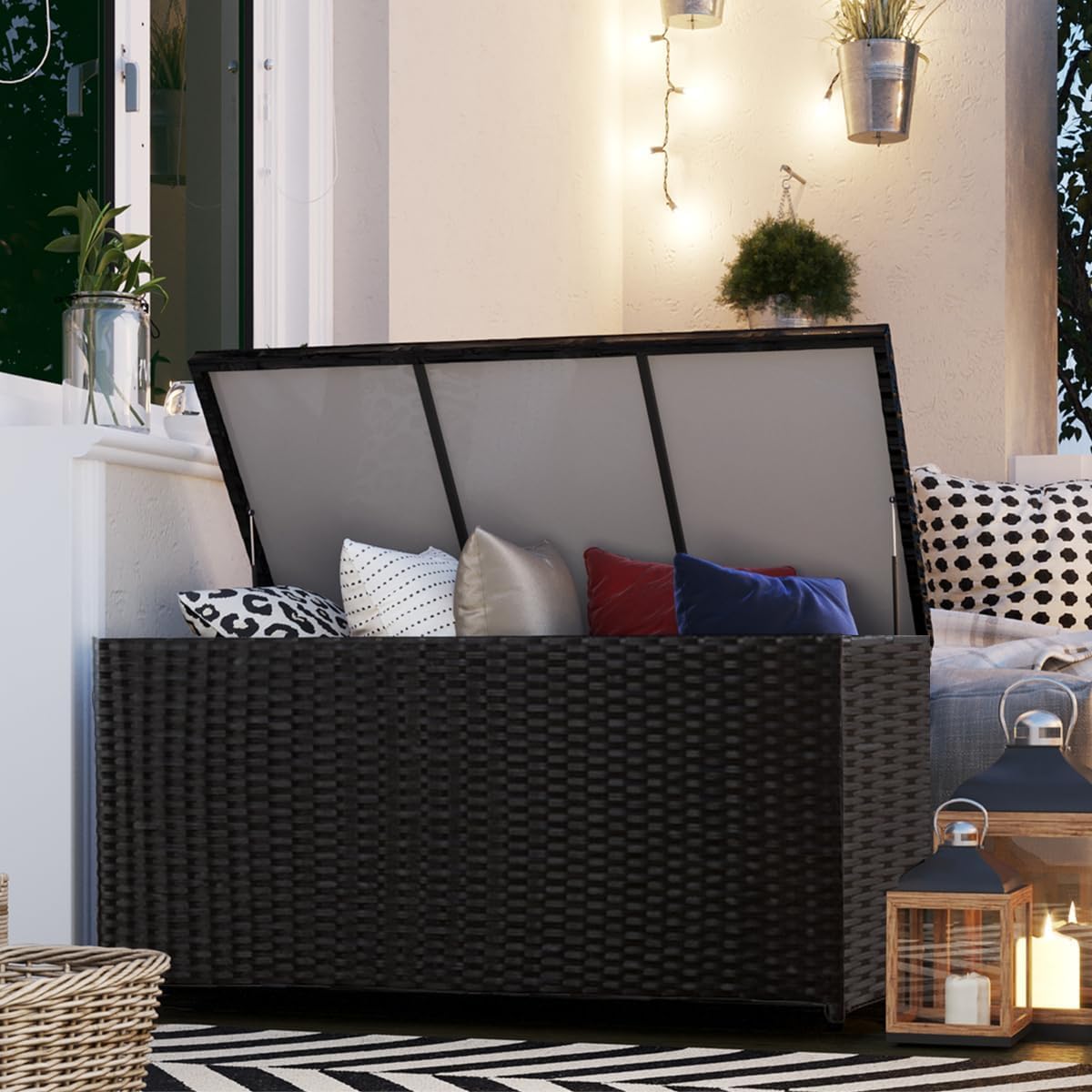 Outdoor 70 Gallon Wicker Storage Box with Waterproof Liner, Patio PE Rattan Storage Container for
