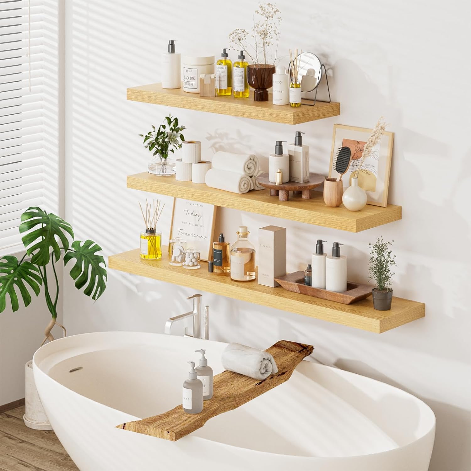 Heimlove 48W x 12D Long Floating Shelf, 12 Inch Deep Floating Shelves for Wall Set of 2, Wood